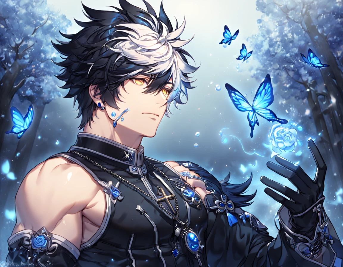 absurdres, highres, ultra detailed, HDR, master piece, best quality, extremely detailed, detailed face, detailed eyes, Raven, spiked hair, bicolor hair, right side black hair, left side white hair, expressive yellow eyes, Elsword, solo, sexy man, handsome, manly man, adult face, black coat, sleeveless, detached sleeves, cross necklace, black gloves, magical, fantasy, under a blue tree, blue flames, blue moon, blue fireflies, blue roses, blue butterflies, glass magic