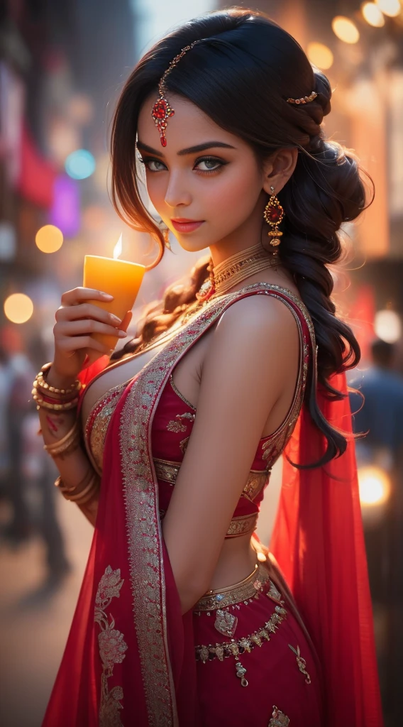 In the bustling streets of a vibrant Indian city, amidst the kaleidoscope of colors and scents, a woman (((Anne Hathaway: Selena Gomez:0.6))) clad in a vibrant red saree and a black blouse becomes an ethereal sight that captivates all who lay eyes upon her. Her undeniable beauty transcends time and space, leaving onlookers spellbound.
Describe the scene as the woman, where diwali fireworks are in behind, the street is decorared with lights,candles and earthen lamps, depicting the festival of diwali.The atmosphere is alive with whispers as her mesmerizing allure evokes a sense of awe and admiration.
Embark on a journey to reveal the woman’s story—her name, her background, her passions—and the reasons behind her choice of attire. Explore her persona, intertwining elements of mystery and allure, as people speculate on the secrets hiding behind her enchanting gaze.
Incorporate the sights, sounds, and emotions that surround this extraordinary woman, as she navigates through the city’s vibrant tapestry. Whether it be the scent of freshly ground spices, the distant sound of temple bells, or the intricate henna designs adorning her hands, immerse the reader in the sensory experience of this captivating moment.
As the story unfolds, her path intertwines with that of a curious photographer who becomes determined to capture her undeniable beauty in a single photograph. Describe their encounters, the photographer’s attempts to understand her story, and the profound impact this woman’s presence has on his own life.(Blur Background:1.6), (Blue Hue:0.8), (Auto focus:1.4)