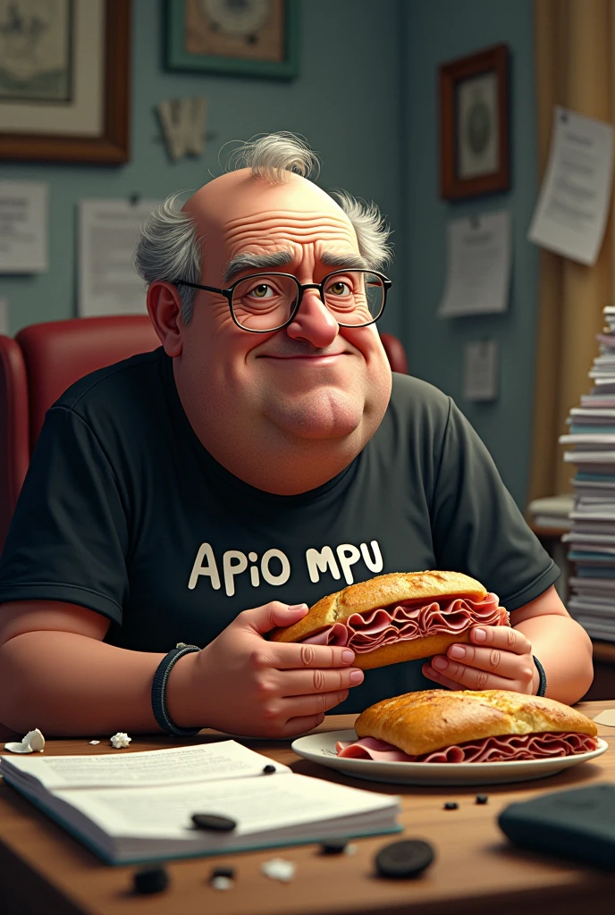 white male, aged 50, baldie, cheeky, Scrawny, but very pot-bellied, wrinkled face, wearing glasses, eating baguette with lots of ham, leaning against a cluttered computer desk, stacks of papers, Oreo crumbs and cookies. Wearing a black shirt with the phrase APOI0 MPU
