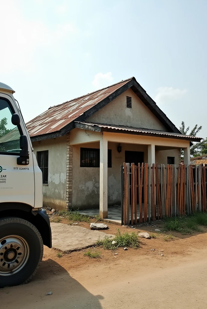 A building completed with waste material and a vehicle cleaning up the building with name site clear waste service Abuja 
Let the writing show well and this phone number 07087971851
The building should be bungalow with fence 