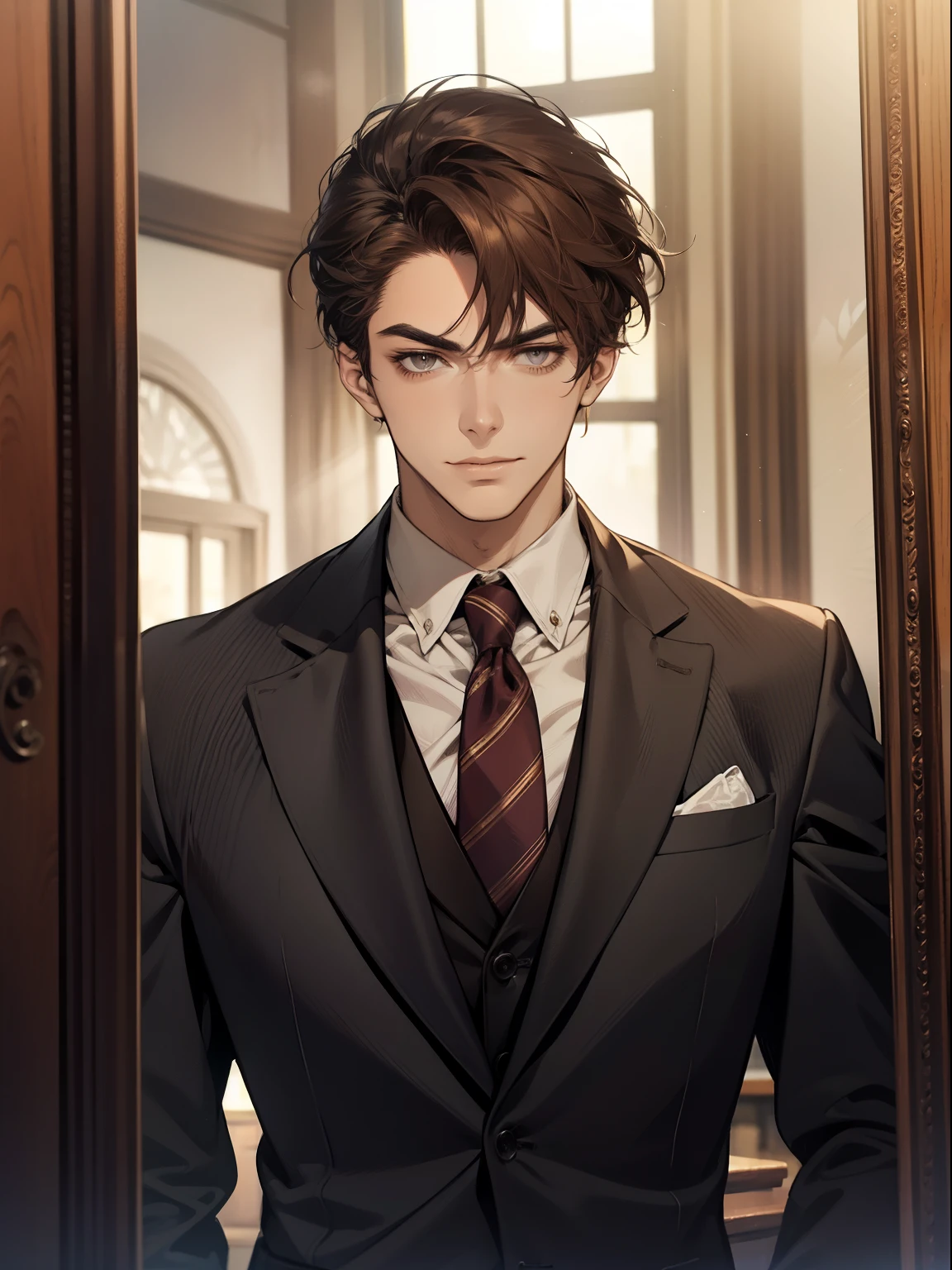 Masterpiece, Best quality, Realistic, 1 person, Mature male, Quiet and charming young man, 2 old, Serious look, Closed mouth, Portrait, Extremely detailed face, cold smile, ((dark gray eyes)), ((Right sweep short dark brown hair)), [Thick eyebrows], ((suit)), Handsome, full bodyesbian, Western, Jewish, Light brown skin,Stand in front of the mirror，Organize your clothes