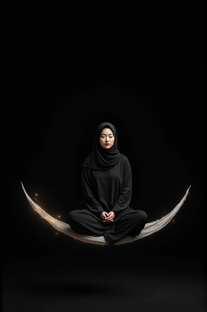 Asian woman with wearing hijab, black pajamas, medium, sitting on a crescent moon veil on a plain black background