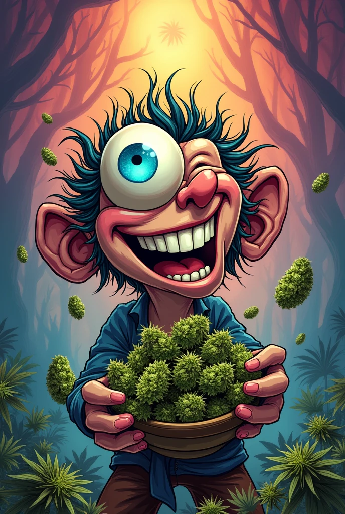 Animated character with a single slanted blue eye , laughing with a lot of marijuana one-eyed character like a cyclops 