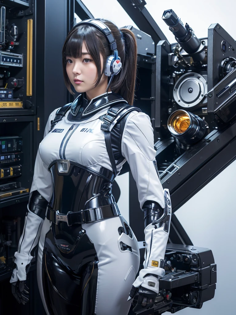 masterpiece, Highest quality, Very detailed, Japanese Android girl,Plump,Slightly thicker,Control panel,robot arms,robot,Android,cyborg,Blunt bangs,robot repair plant,Fighter cockpit,Bodysuits,Harness Belt,headset