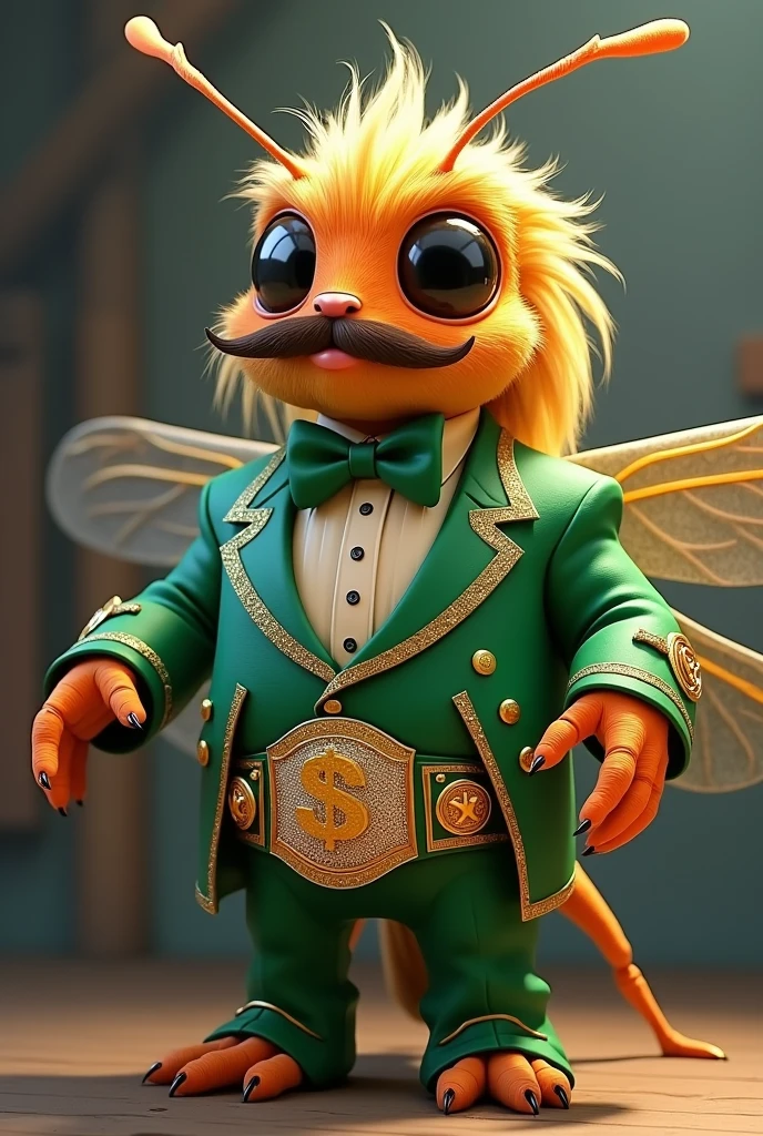 cartoon dragonfly insect dressed like WWE wrestler million dollar man ted dibiasi
cartoon dragonfly insect head. cartoon dragonfly insect hands. cartoon dragonfly insect face
Blonde mullet hair. Short Brown mustache. Short brown beard.
Green suit ordained in gold. White dress shirt. Green bowtie. Black wrestling boots.
Championship belt made of gold and diamond dollars signs around waist