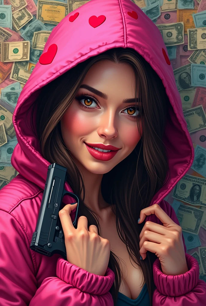 Smiling woman with brown eyes, with a bright pink hood with black heart design, with a background of bills and a gun