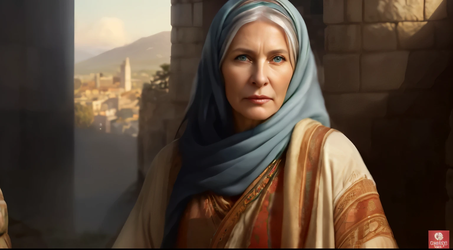 Create an image of a woman approximately 50 years old, with green eyes and fair skin, very beautiful, with clothes that refer to the period of the Bible