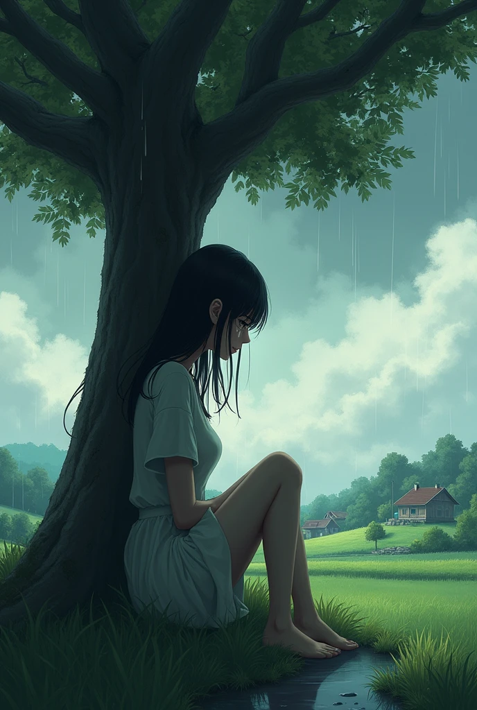 A named Rona is sitting under a tree, crying softly. The background shows a peaceful village with green fields and small houses. The sky is cloudy, reflecting her sadness, with small droplets forming a tiny stream at her feet.