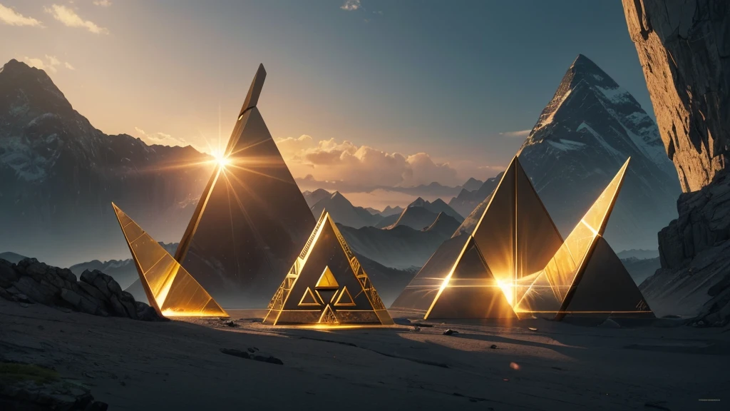 "A clear and precise depiction of the Triforce from The Legend of Zelda. The Triforce is shown as a perfect geometric shape consisting of three interconnected triangles arranged to form a larger, equilateral triangle. Each of the three smaller triangles is distinctly visible and maintains its precise triangular shape, ensuring there are no additional triangles or distortions. The golden light emanates from the Triforce, casting a warm, radiant glow that highlights the sharp, clean edges of each triangle. The background is a subtle, dark gradient or a mystical setting that contrasts with the golden brilliance of the Triforce, emphasizing its sacred and well-defined form. The image focuses on preserving the integrity and clarity of the three interconnected triangles, symbolizing power, wisdom, and courage."