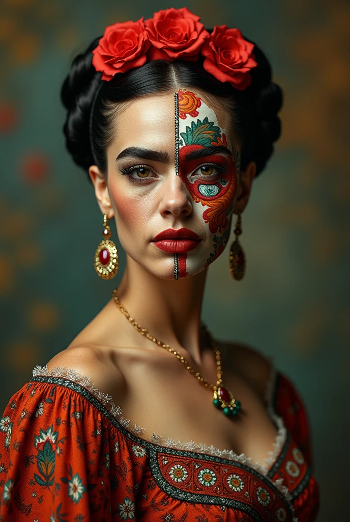 Frida Kahlo, with half of the face like a Katrina, Mexican dress, that his torso can be seen