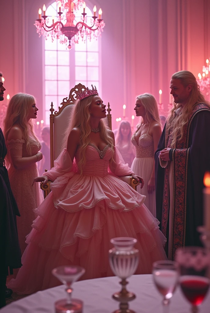 "A full-body shot of a post-party scene in a palace bathed in neon pink lighting. A drunken blonde queen 1 with a careless expression, wearing a layered pink and white dress (predominantly pink), leans standing 1:1 nonchalantly against an all-pink throne. Her rose-gold crown, adorned with pink crystals, is tilted slightly to the left on her head 1:1. A Queen 2 with clack hair  in a black dress, Singing fairy1 with a long white hair in a sheer golden wet dress outfit, fairy 2 and 3 in a silky thin dress laughing, King 1 in a medieval chlothes, King 2 in a medieval blouse and trousers. A white cat sits on the thrown 1:1, while a pink bird perches atop the throne. The scene includes a messy gothic princess striking a pose, her long light blonde hair flowing over her shoulders, She is dressed in a well made white lace silk gothic dress with many layers and white diamonds all over it, embodying a beautiful yet disheveled ice queen. The environment exudes a chaotic medieval fantasy vibe, with a white intricate throne and a pink crystal chandelier hanging from the ceiling. Blue crystal and gold gothic medieval five armed candlesticks on a white table, surrounded by crystal wine glasses—one tipped over and another half-full of wine. The entire setup is chaotic yet regal, capturing the essence of a wild and messy night in a fantastical gothic setting, illuminated by dynamic pink lighting and framed with the grandeur of medieval gothic style. wide stage."