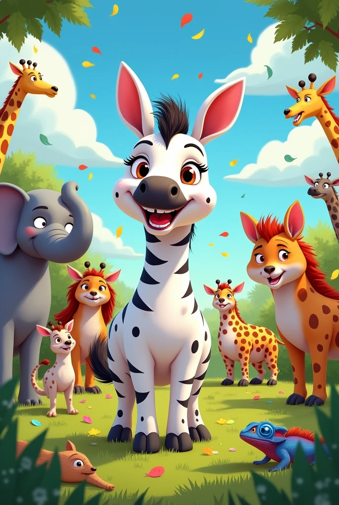 Create an illustration of a zebra named Zenia. She should have a white body with black dots scattered throughout her fur., instead of the traditional stripes. Zenia must have a friendly and cheerful expression, with big, bright eyes that convey confidence and happiness. She is in a savannah environment, with vegetation in the background and a clear sky. Zênia must be participating in a happy party, with other animals around her, like elephants, giraffes and chameleons, everyone having fun. Make sure the image conveys a sense of inclusion and celebration of individuality..