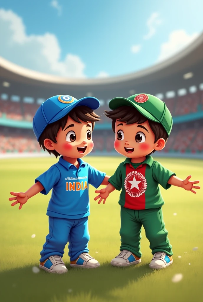 An india cricket fan friendship with afgan cricket fan.. Both are standing in cricket ground.. Both are small cute kids