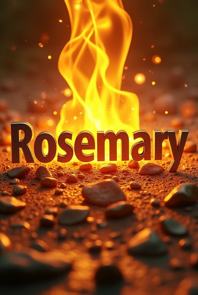 Create an excellent design with gold colors, fire, light with the word Rosmary in 3D