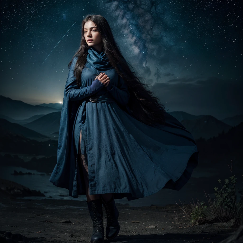 ((Super detailed)),((illustration))，((master paintings)),(((distressed))),((Beautiful and delicate eyes))，（Extremely detailed CG Unity 8K wallpapers，best quality，master paintings），（（4K，master paintings，best quality）），A woman who feels like a sister but a little mature，dark blue long hair，Long hair to waist，loose hair，shawl，emerald green eyes，（the only person），The night sky is full of stars，The left hand is slightly raised，There is a ring on the ring finger of the left hand，Dark Blue Oversized Swing Princess Long Dress，Wearing a large navy blue trench coat，There are stars hidden under the skirt，cloak，Dark blue butterflies dance around you，theater background，Star Curtain，Wearing a dark blue veil with stars，sling，on his right hand, He wears gradient blue star gloves，（full body picture），Smaller eyes，（pretty face：1.2），（thinning hair：1.2），（（Gorgeous starry sky background）），sit with the stars，The stars are soaring beneath your feet，Stepping on a black hole，dark blue boots