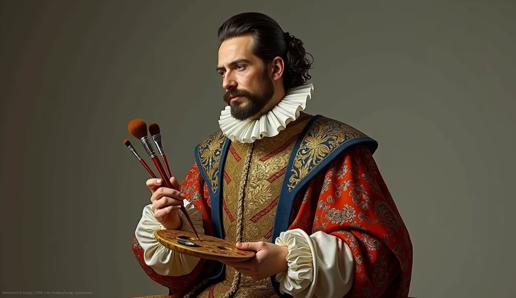 Portrait of Diego Velázquez"A stylized portrait of Diego Velázquez, showing him with his brushes and palette, dressed in baroque clothing, and a contemplative look, ready to create your masterpieces."