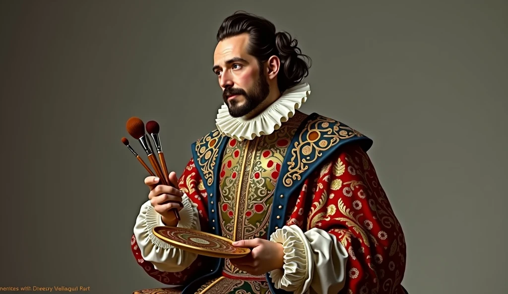 Portrait of Diego Velázquez"A stylized portrait of Diego Velázquez, showing him with his brushes and palette, dressed in baroque clothing, and a contemplative look, ready to create your masterpieces."
