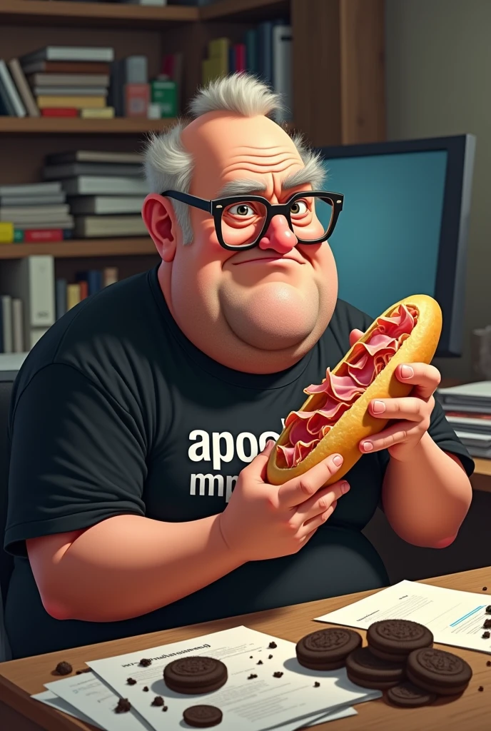 white male, aged 50, baldie, cheeky, Scrawny, but very pot-bellied, wrinkled face, wearing glasses, eating baguette with lots of ham, leaning against a cluttered computer desk, stacks of papers, Oreo crumbs and cookies. Wearing a black shirt with the phrase APOI0 MPU
