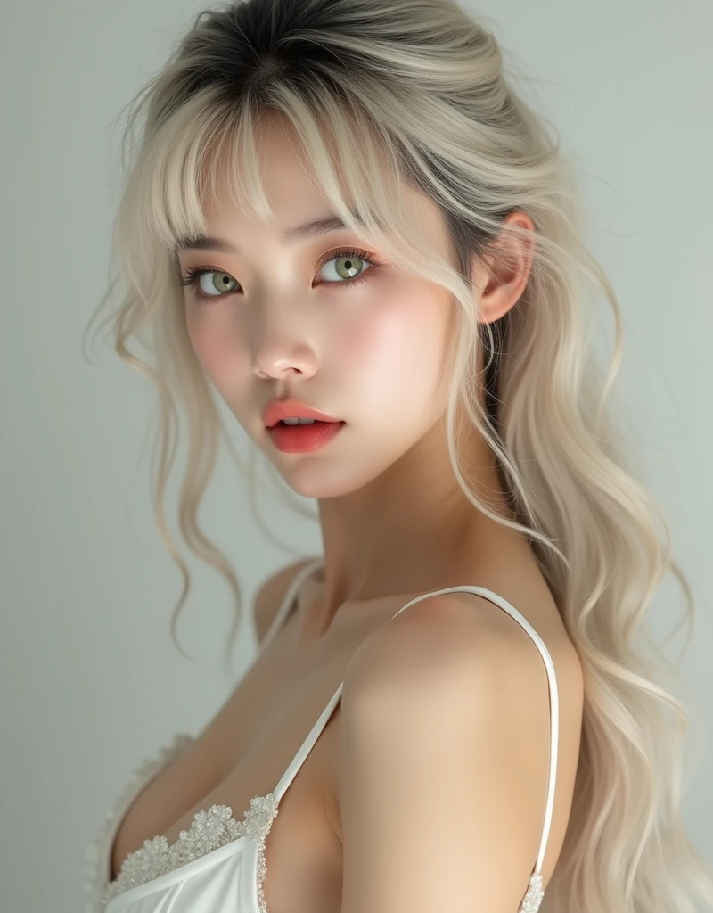((Full Nude)), Fully nude, Silky white skin, Korean beauty, Cute sexy small beautiful face, Flowing bangs in front of her pretty face, Shiny platinum blonde hair, Beautiful sparkling pale green eyes, Sexy cute young woman with long shiny light hair and extra long hair, Prominent large double eyelids, Sexy pose