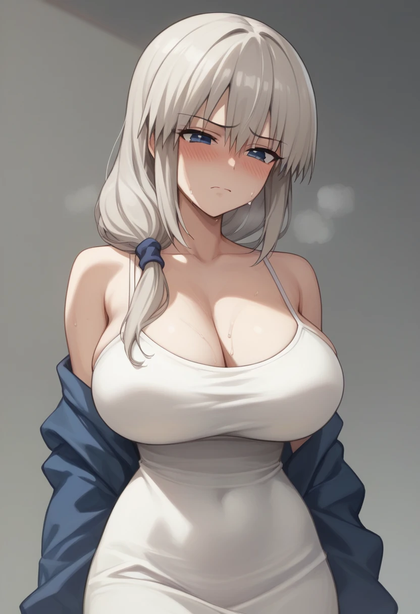 Huge breasts、blush、Sweat、In the heat、Long white hair、Braiding、uzaki_fortune、
{Highest quality}, {so beautiful}, {Very detailed}, {Best illustrations},Life、slim:1.5、Camisole long maxi dress(tight)、Are standing、Troubled face、Close ~ eyes