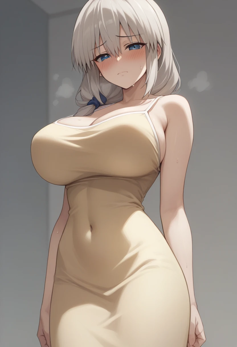 Huge breasts、blush、Sweat、In the heat、Long white hair、Braiding、uzaki_fortune、
{Highest quality}, {so beautiful}, {Very detailed}, {Best illustrations},Life、slim:1.5、Camisole long maxi dress(tight)、Are standing、Troubled face、Close ~ eyes