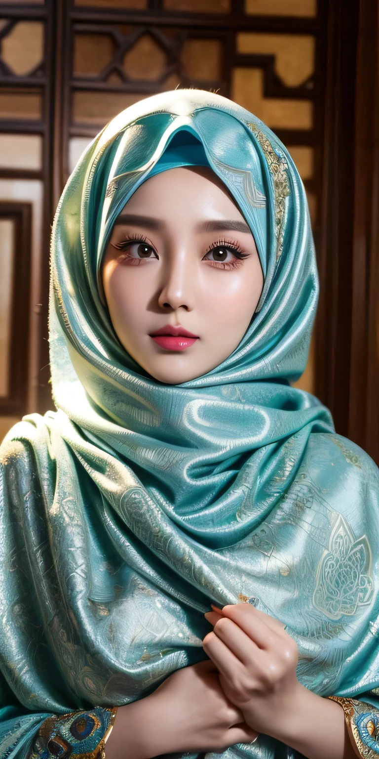 Kazakhtan cute girl, beautiful girl in hijab, 1 girl, perfect face, expressive eyes, softlens, makeup, eyeshadow, eyeliner, luxurious hijab, patterned hijab, hijab decoration, brooch, shiny lips, 