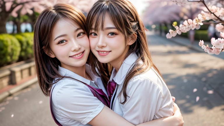 ((masterpiece)), ((Highest quality)), (Very detailed), ((cute)), cute, (likely), ((sexy)), (device), ((Very detailed)), 4K, (8k), Highest quality, (beautiful), hyper Genuineistic, Genuine, Dynamic Angle, whole body, (Cherry blossom petals, Cherry tree in full bloom:1.3), (Two people, 2 cute girls:1.5), ((Schoolgirl Uniform)), ((beautiful eyes)), short hair, Hips, Large Breasts, A light smile, blush, (Wind effects:1.3), (like, hug:1.5)