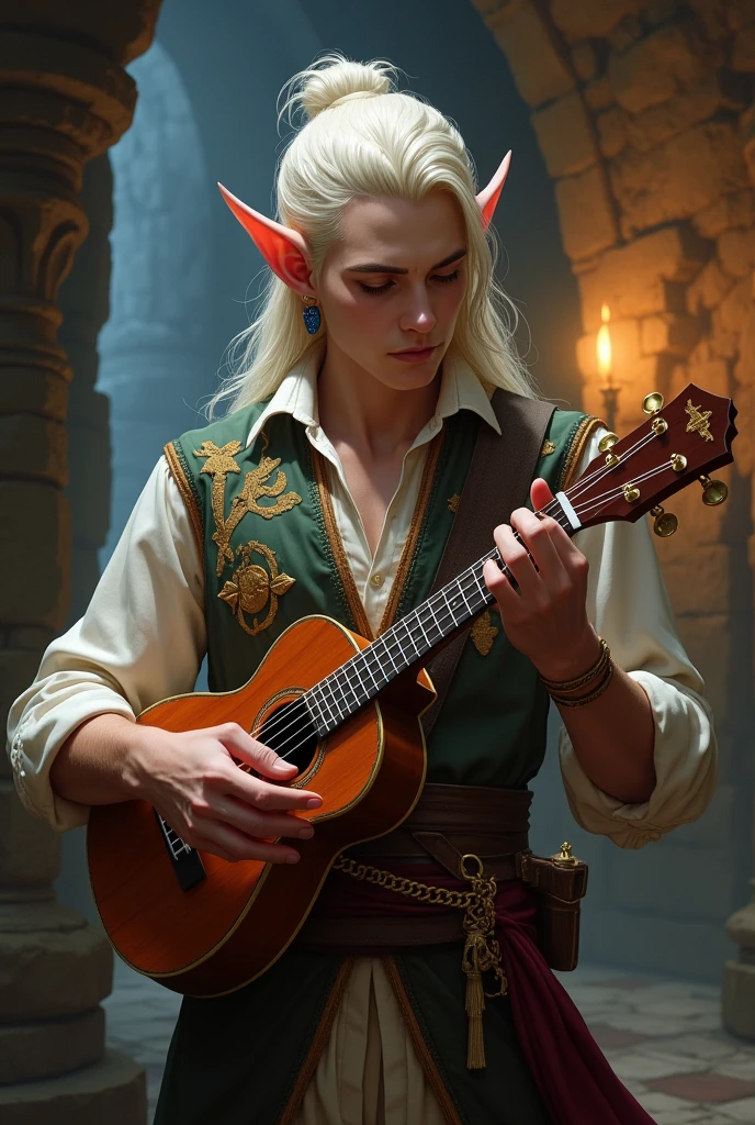 bard, half elf, masculine, com um ukulele, with a vertical line of hair on the chin, the famous barbixa, inspired by the dungeon rpg game & dragons