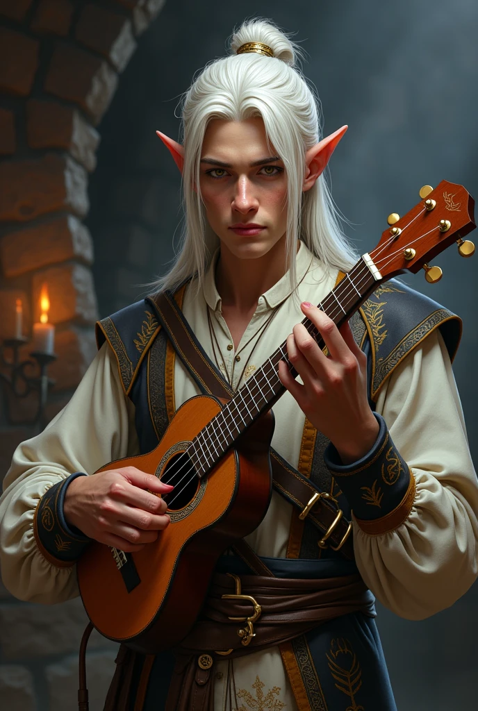 bard, half elf, masculine, com um ukulele, with a vertical line of hair on the chin, the famous barbixa, inspired by the dungeon rpg game & dragons