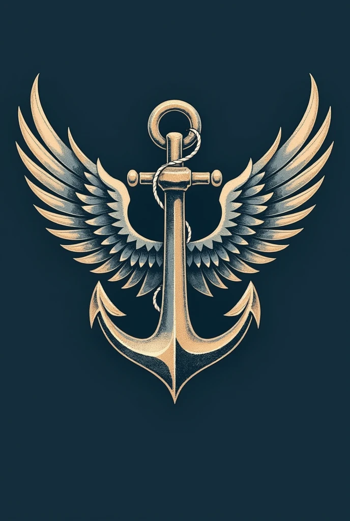“A logo design featuring a classic ship’s anchor with majestic wings attached to it. The anchor should have a metallic, weathered appearance, while the wings are sleek, dynamic, and bird-like in their design. The overall composition should convey a sense of power, movement, and nautical adventure. Use a color palette that evokes a vintage, nautical feel, such as blues, grays, and golds. The logo should have a timeless, heraldic quality that would look great on branding, stationery, or maritime-themed merchandise.”
