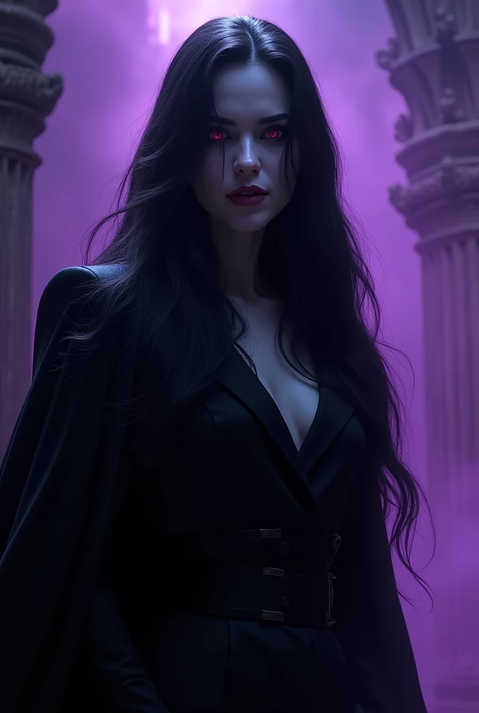 Make Vampire with long black hair, under a purple light