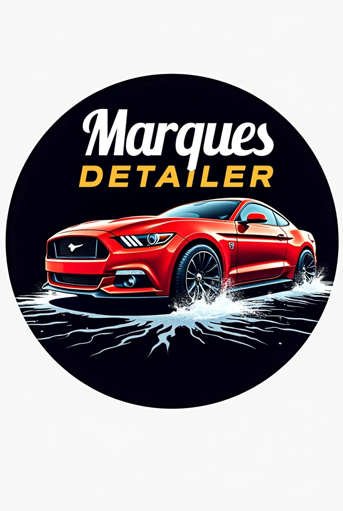 Create a logo of a red car being washed with the name Marques detailer on the image with the round image with the black background
