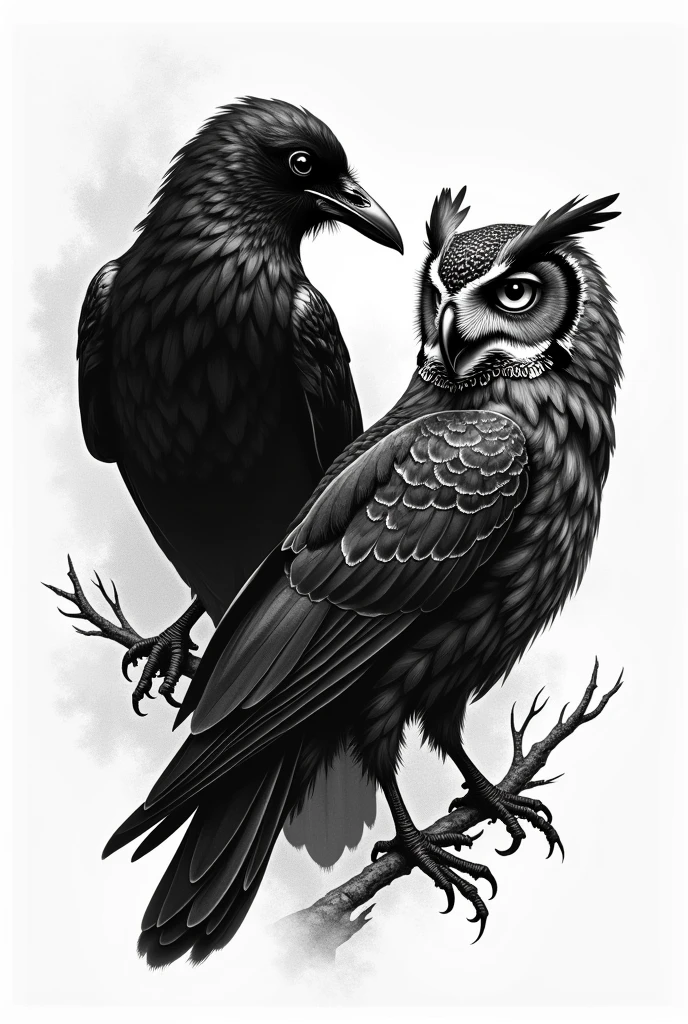 Blackout style tattoo design of a crow and an owl 