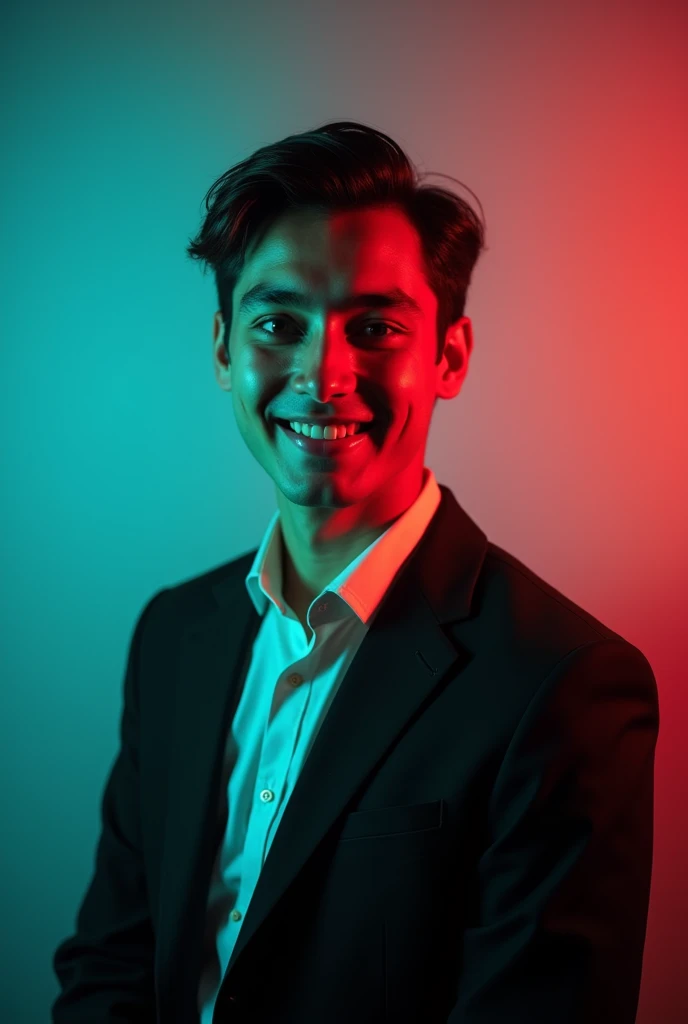 A young man with dark hair and a confident smile. He is dressed in a black blazer over a white shirt. The man is positioned against aqua colour backdrop with a subtle red lighting on the left side. and he posing for Linkedin profile