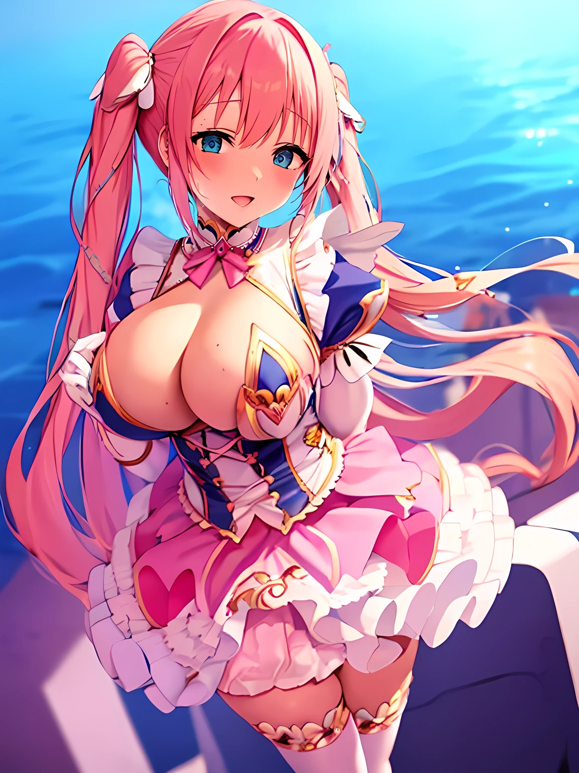 high quality,masterpiece。Cute woman with very long pink hair,Her hairstyle is long twin tails。She stands upright with her face and body facing the viewer,true identity。her hands are empty,Do not pose your hands。she looks tall。Her breasts are huge and very big,Good style。she is smiling with a cute face,Eye color is blue,both same color。Clothing that does not expose much of the chest,the costume covers the chest,magical girl costume costume,Costumes with fancy designs such as ribbons and frills,The costume has a color scheme using white and pink.,Skirt is a mini skirt。Long gloves on both hands,Long socks on both legs,All long gloves and long socks are white.。she is standing,The place you are standing is outdoors.。
