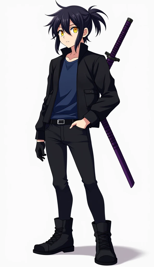 Create an anime style character, male gender with short and long, slightly spiky black hair with the fringe covering the face a little on the left side and with a giant ponytail, yellow eyes, eyes large, Jaketa Black jacket with dark blue shirt, black gloves, black pants with men's black boots, with a purple sheathed katana on his back.
