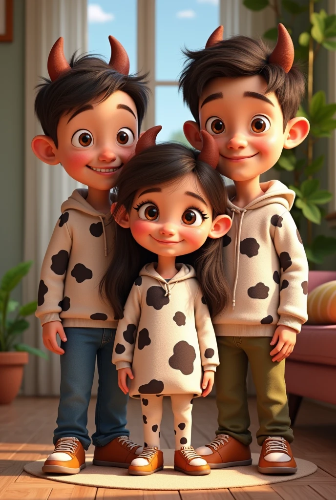 DISNEY PIXAR COVER WITH BROWN EYES DRESSED AS A COW WITH HER DAD AND BROTHER DRESSED AS BIG COWS