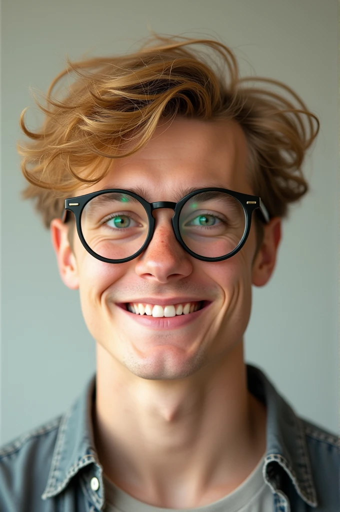 Man's blond messy hair black round glasses green eyes smile