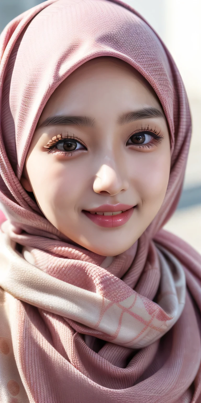 Korean cute girl, beautiful girl in hijab, 1 girl, perfect face, expressive eyes, softlens, makeup, eyeshadow, eyeliner, luxurious hijab, patterned hijab, hijab decoration, brooch, shiny lips, sweet smile,