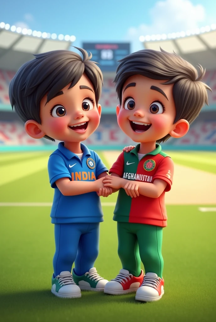 An india cricket fan share happiness with afgan cricket fan.. Both are standing in cricket ground.. Both are small cute kids