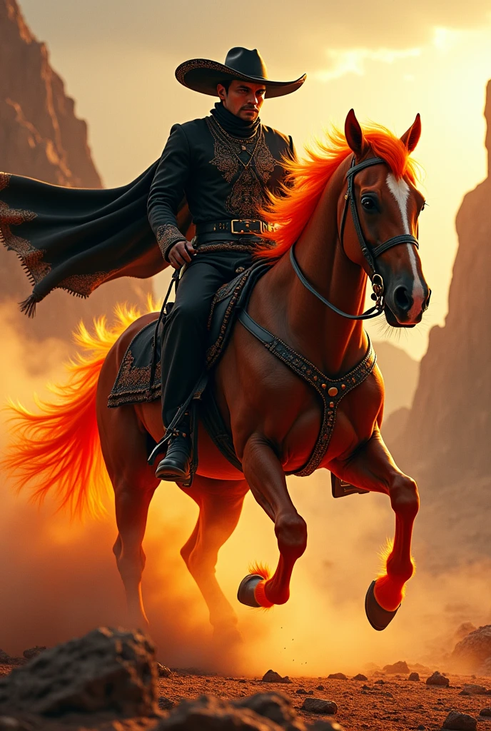 The black charro on a fiery horse