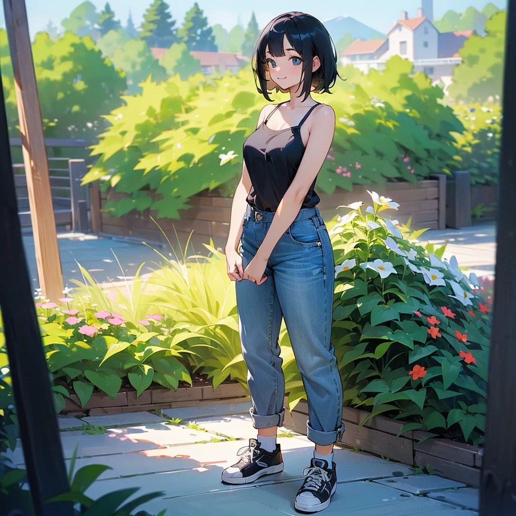 (high quality, High resolution, Very detailed, reality:1.37), Peaceful atmosphere, (Outdoor, garden), age girl standing alone, (my breasts are big.), Beautiful details, Cute Smile, (Black bob hair), camisole, Denim pants, Blue socks, sneakers.