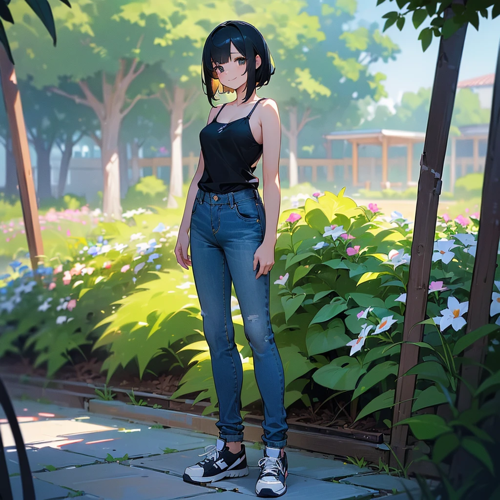 (high quality, High resolution, Very detailed, reality:1.37), Peaceful atmosphere, (Outdoor, garden), Teenage girl standing alone, (my breasts are big.), Beautiful details, Cute Smile, (Black bob hair), camisole, Denim pants, Blue socks, sneakers.