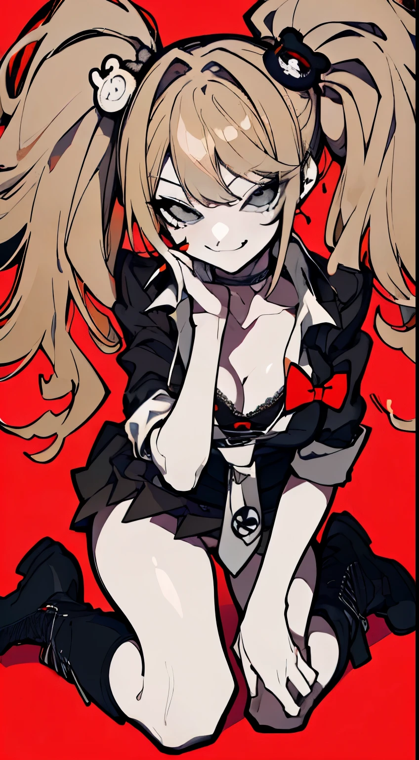 (Highest quality、masterpiece:1.2,Mature Woman),JunkoDG、Wavy blonde hair, Twin tails、Black Shirt、White tie、Black Bra、Cleavage、Red pleated skirt、choker、Black Leather Boots、Punk Girl、((Savage look、Lewd smile)), 