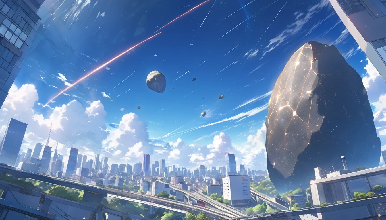 High definition、high resolution、Masterpiece、Looking up at the Tokyo sky、View from afar、blue sky、City、City、Buildings、Giant meteorites、meteorite falling、Makoto Shinkai style、