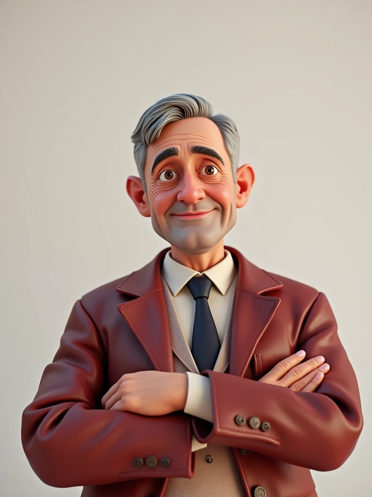 Create a 3D style character, of a 6 man, brown eyes, short gray hair, with a normal mouth, a big and airy nose, thick shadows, wearing dress clothes