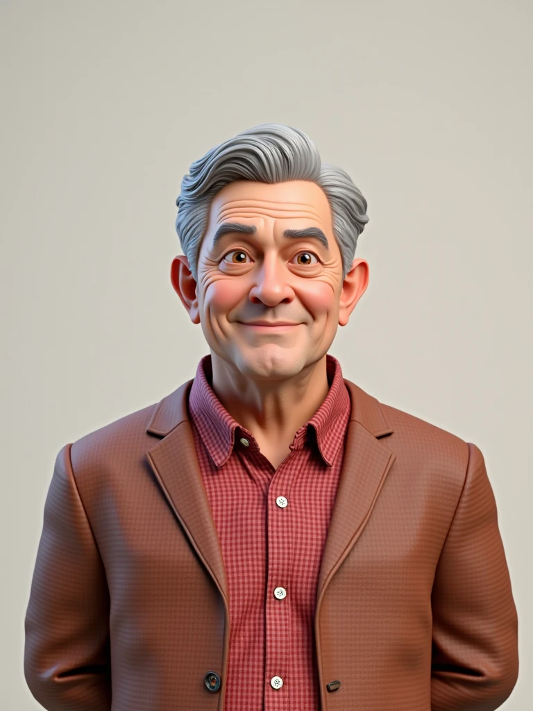 Create a 3D style character, of a 6 man, brown eyes, short gray hair, with a normal mouth, a big and airy nose, thick shadows, wearing dress clothes