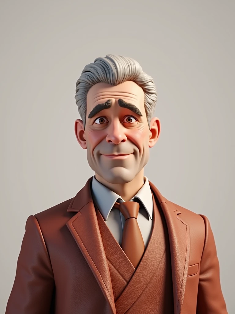 Create a 3D style character, of a 6 man, brown eyes, short gray hair, with a normal mouth, a big and airy nose, thick shadows, wearing dress clothes