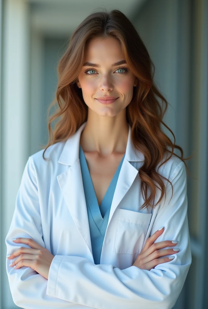 A young female doctor in her 20s, 1.70 , medidas 90-60-90, waist length wavy hair, chestnut , blue eyes , very pretty , good physique, well-worked legs and buttocks, well-groomed nails 