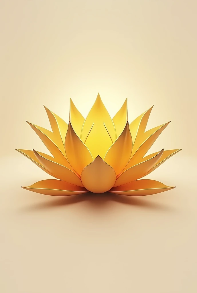 Create a front-facing, 2D image of a golden lotus flower with sharp, symmetrical petals. The flower should be centered, with all petals evenly spaced and fully visible from the front. The design should have a clean and clear outline, with a solid gold color that highlights the elegance of the lotus. The background should be simple and neutral, allowing the lotus to be the focal point of the image."